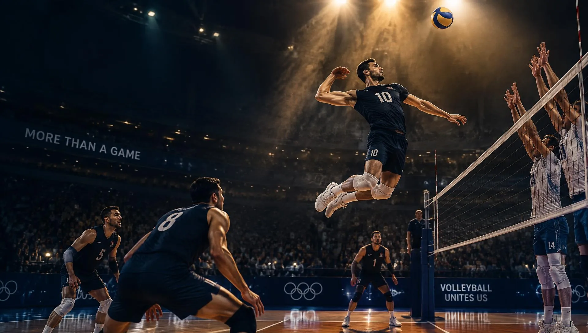 Volleyball player attacking in a professional arena